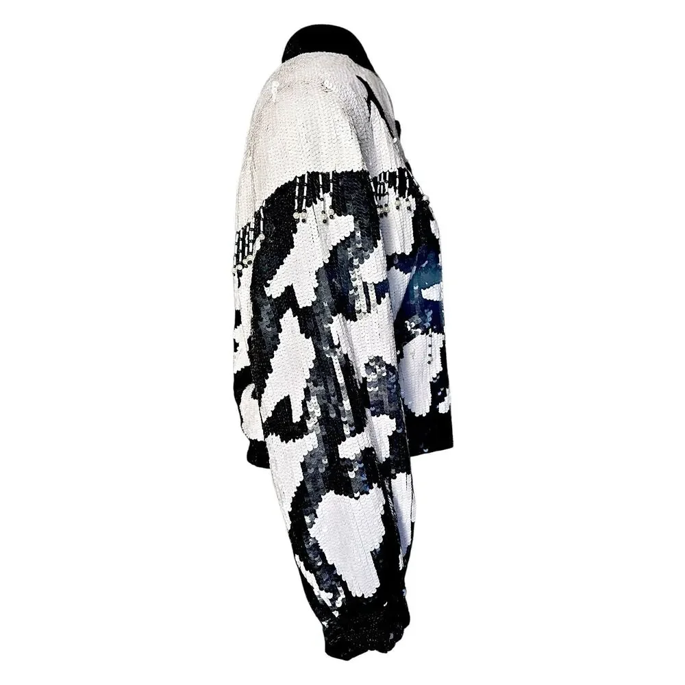 Vintage MODI Black White Silk Sequin Horse Western Fringe Art to Wear Jacket XL
